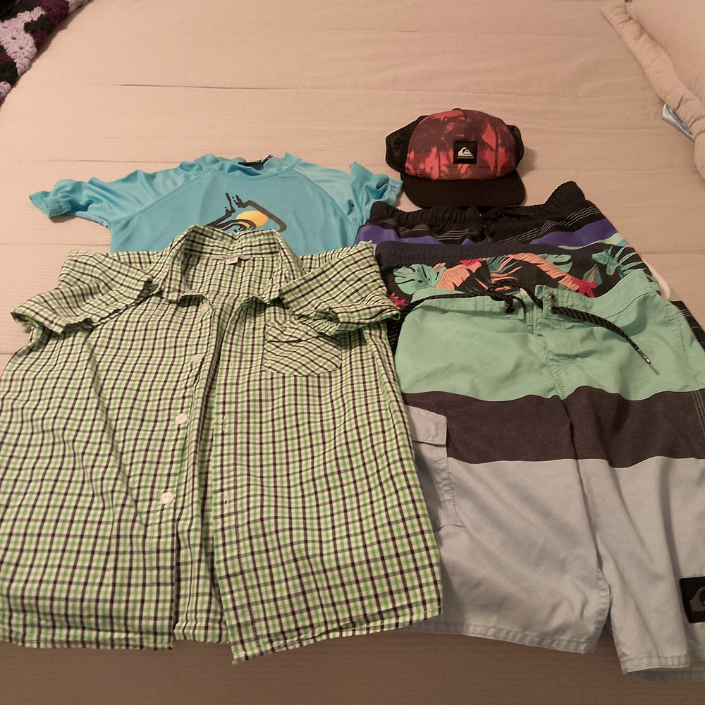 Boy's Quicksilver, Ripcurl and Hurley Trunks. 2 Shirts And Hat